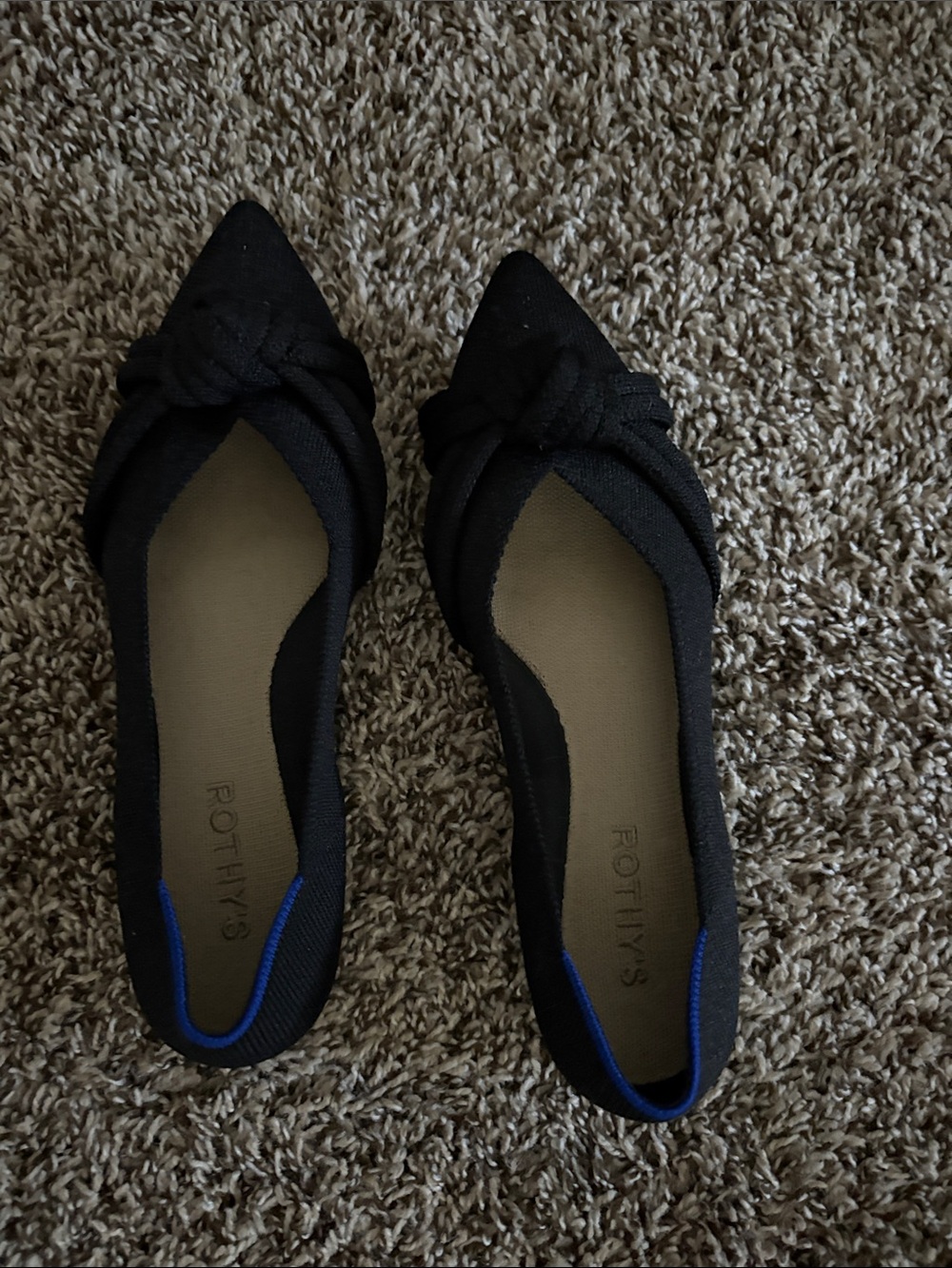 Rothy's Black Pointed Knot Flats with Blue Trim